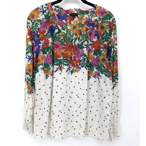 Talbots Shirt Womens Large Multicolor Floral‎ Cotton Boho Peasant Long Sleeve